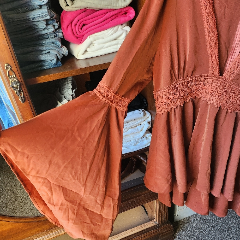 Cider Rust Trumpet Sleeve Romper Dress - Picture 5 of 6